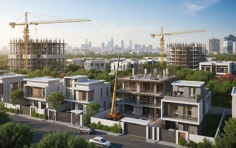 Modern residential property development in Lahore showing under-construction luxury houses, cranes, and city skyline in the background representing Lahore’s growing real estate projects in 2025.