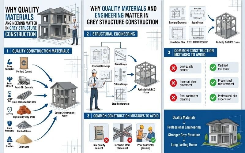 Grey Structure Construction Services in Lahore infographic showing quality materials, structural engineering, and common construction mistakes to avoid.
