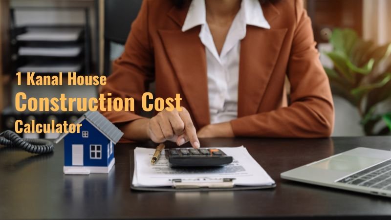 A businesswoman in a brown blazer calculating the 1 Kanal house construction cost in Islamabad, using a calculator with documents, a laptop, and a small house model on the table.