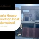 10 Marla House Construction Cost in Islamabad. A partially built grey structure house under construction, with a signboard of Highland Properties & Construction, representing the cost breakdown and construction process in 2025.