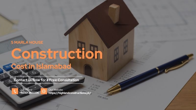 5 Marla House Construction Cost in Islamabad – A wooden model house placed on financial documents with a calculator and a pen, representing cost estimation and budgeting for home construction.