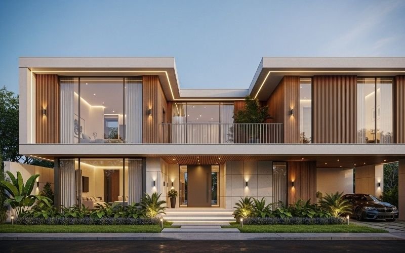 Modern luxury house showcasing Architectural Design Services in Islamabad with clean lines, wide glass windows, and landscaped front yard.