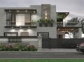 A modern double-story house in Lahore designed by an expert Architecture & Interiors Designer House Builder in Lahore. The home features sleek contemporary elements, large glass windows, stylish lighting, and a landscaped front yard with vibrant greenery.