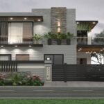 A modern double-story house in Lahore designed by an expert Architecture & Interiors Designer House Builder in Lahore. The home features sleek contemporary elements, large glass windows, stylish lighting, and a landscaped front yard with vibrant greenery.