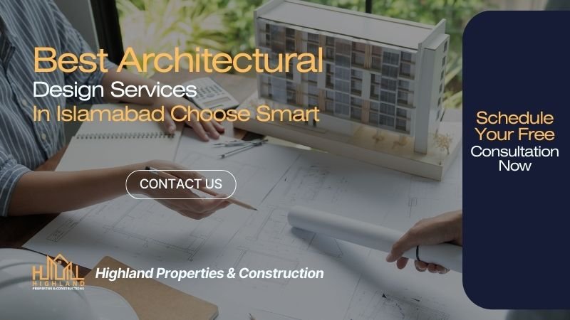 Two architects working on a building model and blueprints, showcasing the best architectural design services in Islamabad by Highland Properties & Construction.