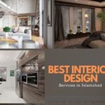 Modern interior design collage featuring a luxurious bedroom, stylish living room, contemporary kitchen, and elegant decor. Best Interior Design Services in Islamabad.