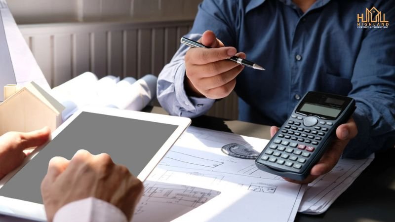 Two professionals discussing budget and cost estimation for farmhouse design and construction in Lahore, with architectural blueprints, a calculator, and a digital tablet on the table.