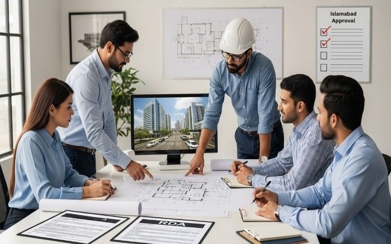 Architects in a meeting reviewing building plans and approval documents, representing professional Architectural Design Services in Islamabad.