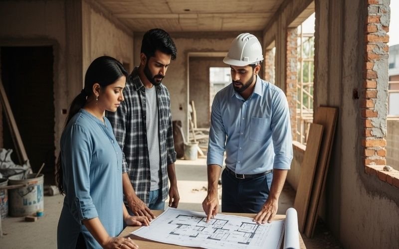 Architect discussing building plans with clients inside an under-construction home, representing architectural design services in Islamabad.