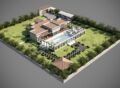 A 3D-rendered aerial view of a luxurious farmhouse featuring modern architectural design, a spacious green lawn, a large swimming pool, and elegant pergolas. The farmhouse is surrounded by lush landscaping and boundary walls, showcasing premium farmhouse design and construction in Lahore.