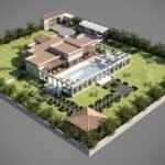 A 3D-rendered aerial view of a luxurious farmhouse featuring modern architectural design, a spacious green lawn, a large swimming pool, and elegant pergolas. The farmhouse is surrounded by lush landscaping and boundary walls, showcasing premium farmhouse design and construction in Lahore.