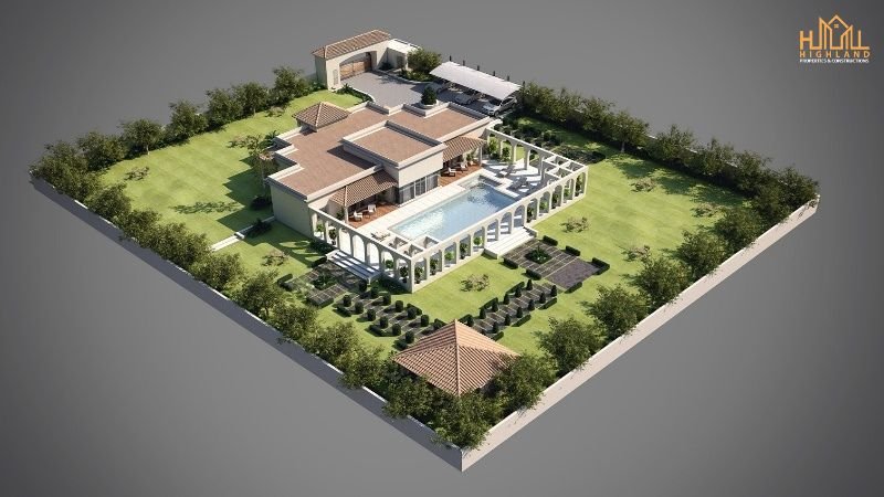 A 3D-rendered aerial view of a luxurious farmhouse featuring modern architectural design, a spacious green lawn, a large swimming pool, and elegant pergolas. The farmhouse is surrounded by lush landscaping and boundary walls, showcasing premium farmhouse design and construction in Lahore.