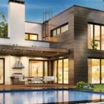 Modern luxury house with a swimming pool and wooden exterior, showcasing premium construction quality in Lahore.