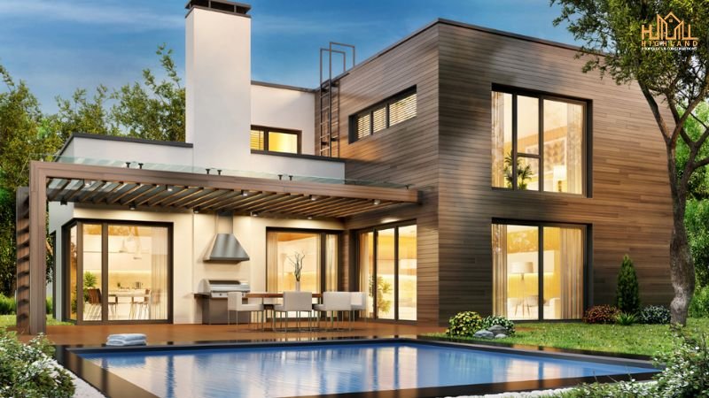 Modern luxury house with a swimming pool and wooden exterior, showcasing premium construction quality in Lahore.