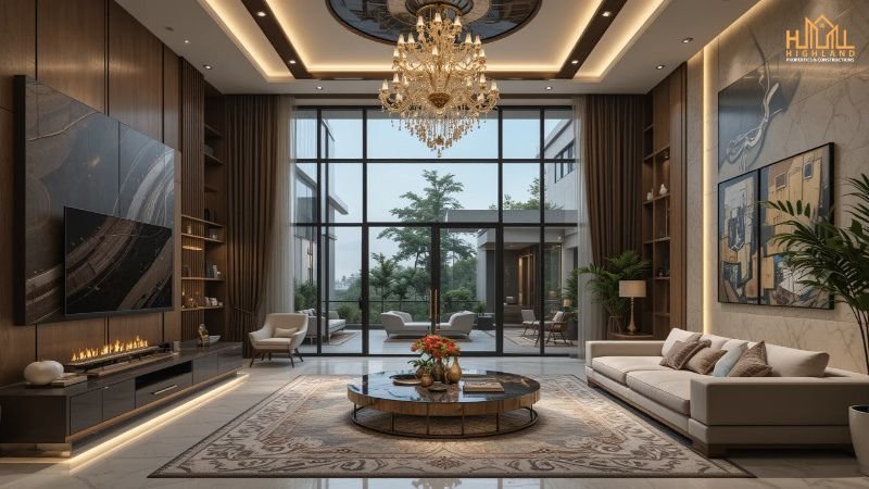 Luxury modern living room with elegant interior design, featuring a grand chandelier, stylish furniture, and a floor-to-ceiling glass window. Designed by top Architecture & Interiors Designer House Builder in Lahore for a sophisticated ambiance.