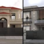 Top Modern & Classic House Styles Construction Services in Lahore – A side-by-side comparison of a classic luxury home with a red-tiled roof and elegant arches, and a modern minimalist house featuring sleek concrete finishes and glass railings.