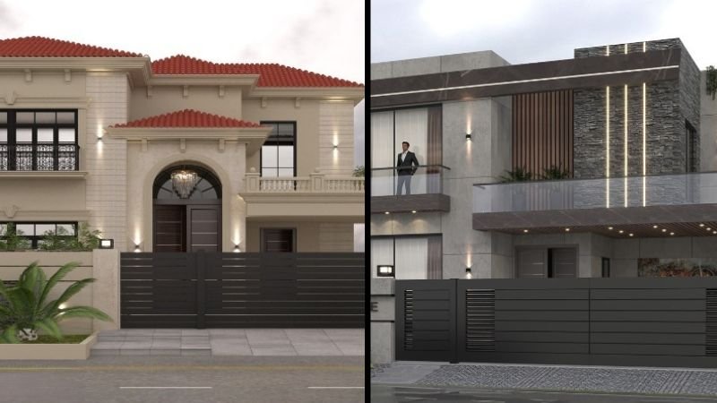 Top Modern & Classic House Styles Construction Services in Lahore – A side-by-side comparison of a classic luxury home with a red-tiled roof and elegant arches, and a modern minimalist house featuring sleek concrete finishes and glass railings.