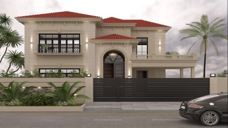 Top Classic House Styles Construction Services in Lahore – A luxurious classic house featuring a red-tiled roof, elegant arches, decorative lighting, and a grand entrance with a black gate.

