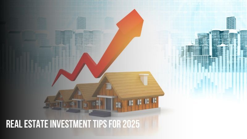 Real Estate Investment Tips for 2025 - A growing real estate market represented by houses and an upward trend arrow, symbolizing profitable investment opportunities in Islamabad.