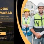 Group of professional construction engineers and architects wearing safety gear, standing confidently at a housing project site. The image promotes "Top Builders in Islamabad for New Housing Societies" with trusted expertise, modern designs, and on-time delivery.