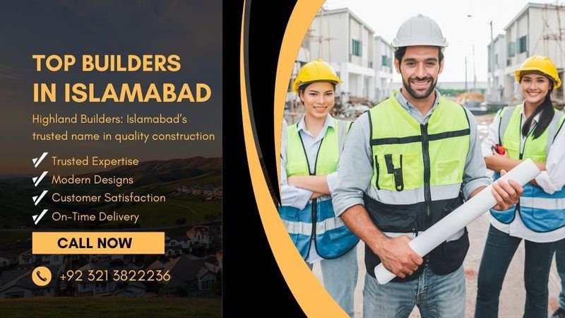 Group of professional construction engineers and architects wearing safety gear, standing confidently at a housing project site. The image promotes "Top Builders in Islamabad for New Housing Societies" with trusted expertise, modern designs, and on-time delivery.