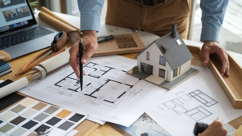 An architect working on a house design with blueprints, a scale model, and material samples on a table.