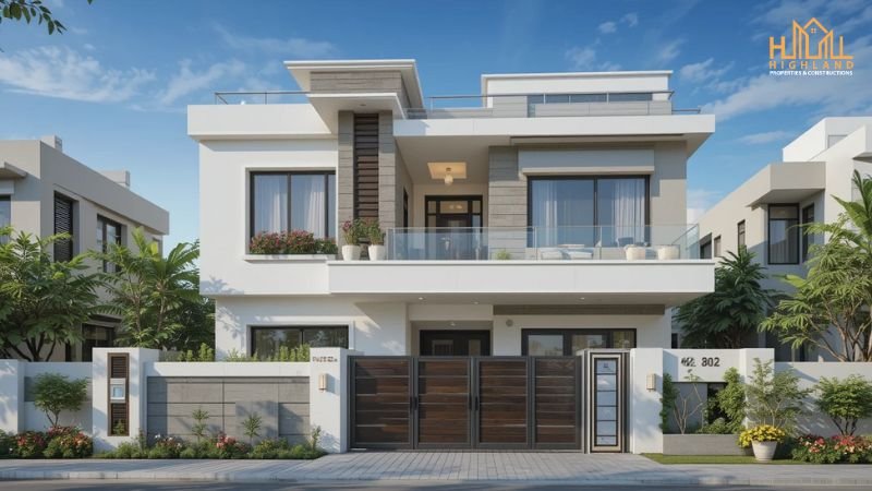 Modern luxury house in DHA Phase 6, Lahore, featuring a contemporary architectural design with large windows, a spacious balcony, and lush greenery.