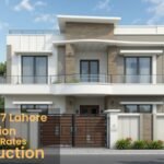 Modern luxury house in DHA Phase 7 Lahore, featuring elegant architecture, a stylish facade, and a secure gated entrance with lush greenery.