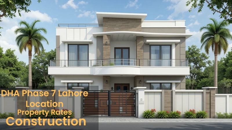 Modern luxury house in DHA Phase 7 Lahore, featuring elegant architecture, a stylish facade, and a secure gated entrance with lush greenery.