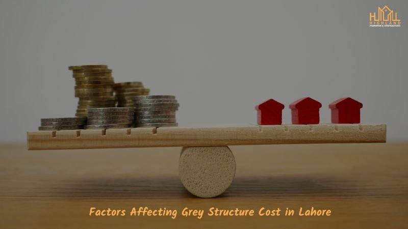 A balance scale with stacked coins on one side and small red house models on the other, representing factors affecting the Grey Structure Rate in Lahore.