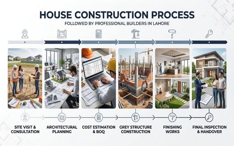Builders in Lahore following a complete house construction process from planning to final handover.