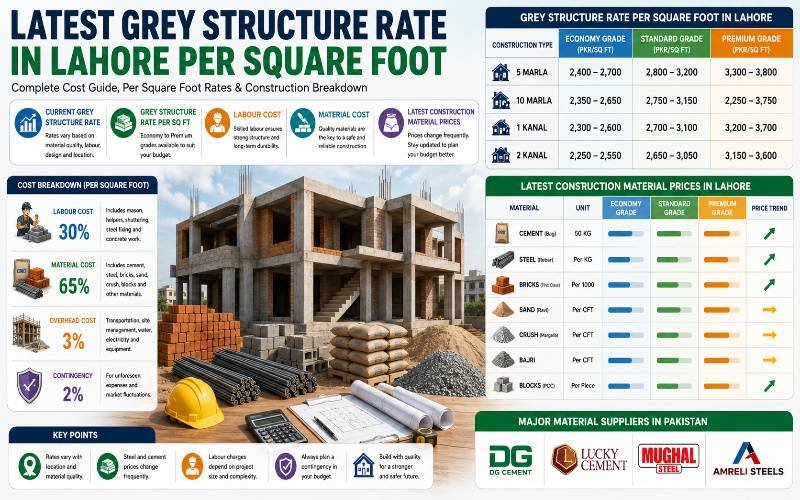 Grey Structure Rate in Lahore infographic with per square foot rates and material costs.