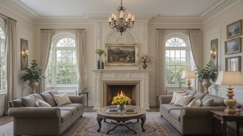 Elegant living room with classic Romanesque architecture elements like arched windows and detailed molding.