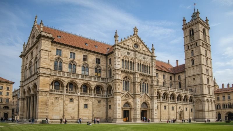 Grand cathedral featuring Romanesque architecture with arched windows, thick stone walls, and a tall bell tower.