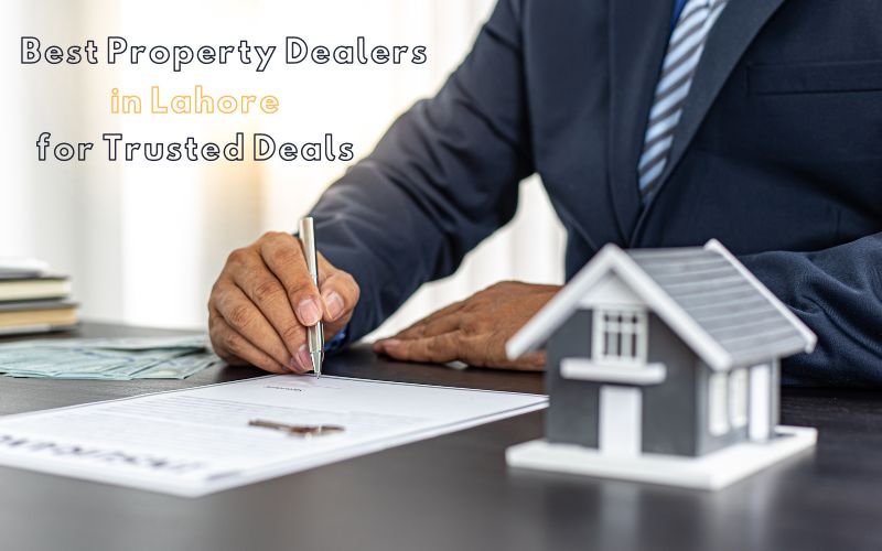 A professional property dealer signing real estate documents beside a model house, representing trusted property deals in Lahore.