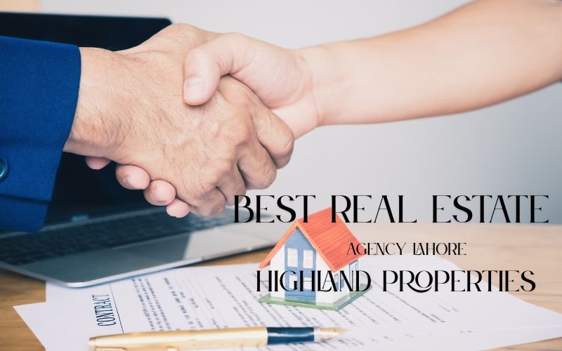 Handshake between two people with a small house model and contract papers on the table, representing Highland Properties – Real Estate Agency Lahore.