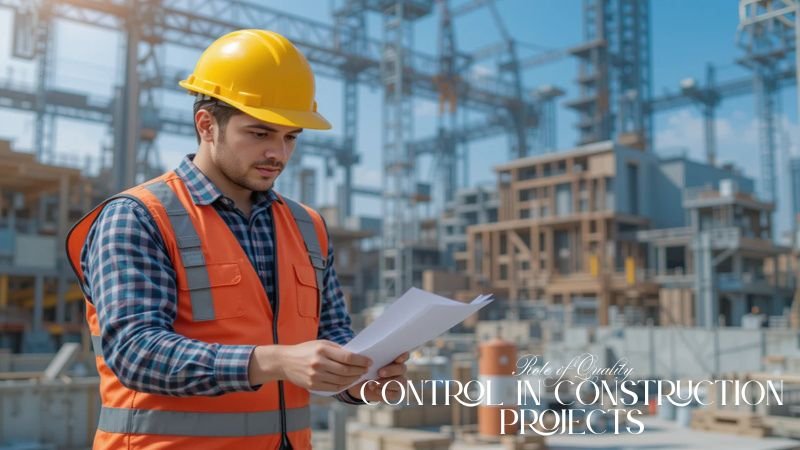 Engineer in safety gear reviewing documents on a construction site, emphasizing quality control in construction.