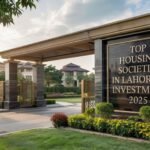 Main entrance gate of a luxury residential community, showcasing premium real estate with the text “Top Housing Societies in Lahore for Investment 2025