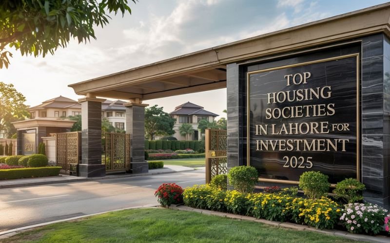 Main entrance gate of a luxury residential community, showcasing premium real estate with the text “Top Housing Societies in Lahore for Investment 2025