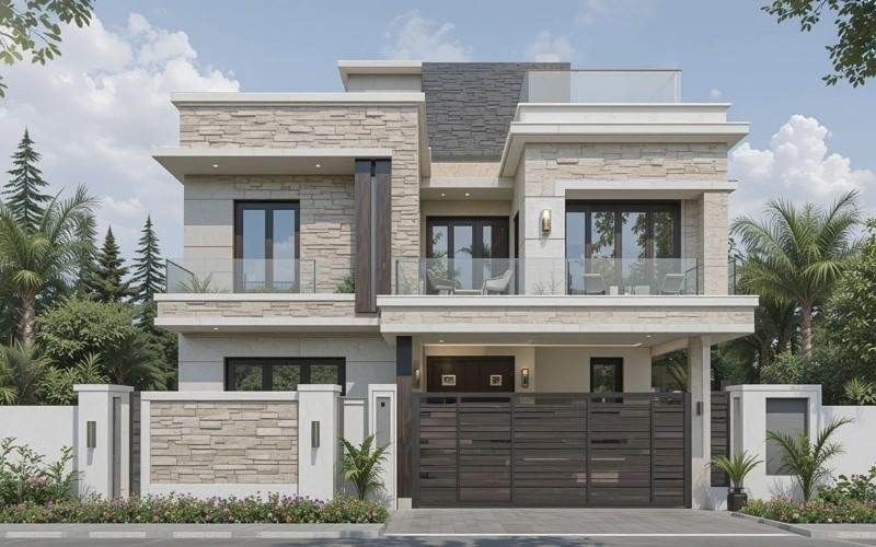 Modern double-storey house front elevation designed by top architectural firms in Lahore.