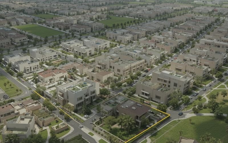 Aerial view of modern houses and green spaces in DHA Rahbar Phase 2, Lahore.