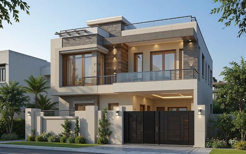 Contemporary house elevation design by architectural firms in Lahore.