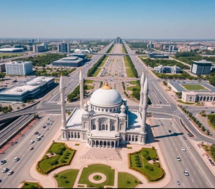 A beautiful white mosque with tall minarets and a golden dome. It is located in the center of a wide road, surrounded by modern buildings and greenery.