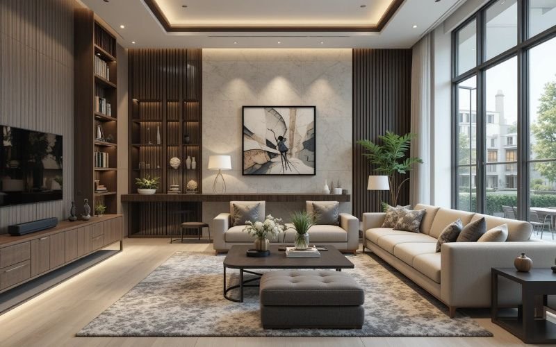 Modern luxury living room interior with elegant furniture and decor, designed by the Best Contracting Company.