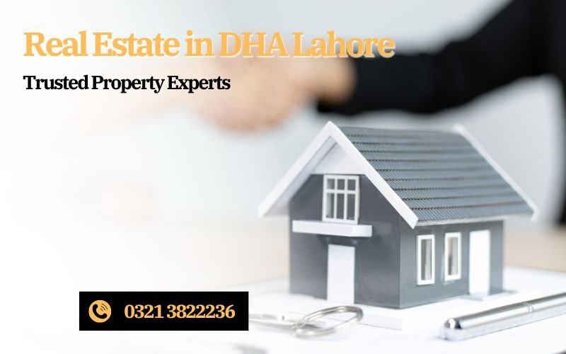 Real Estate in DHA Lahore – Miniature house model with handshake background and contact number for trusted property experts.