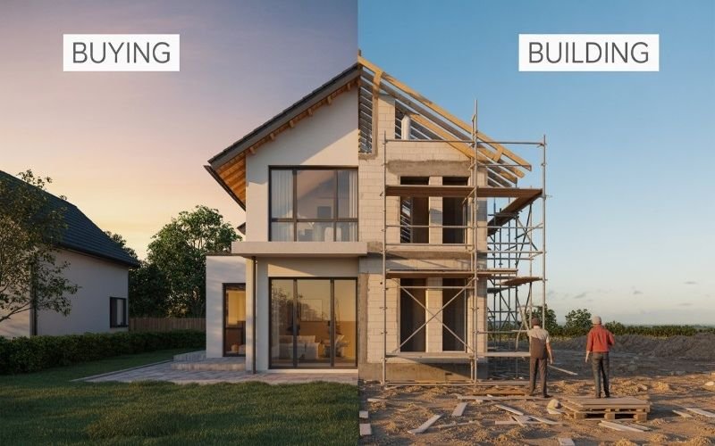 A visual comparison of buying vs building a house, showing a finished home on the left and a house under construction on the right.