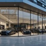 Modern car showroom exterior with full glass façade and luxury vehicles on display Car Showrooms Construction in Lahore