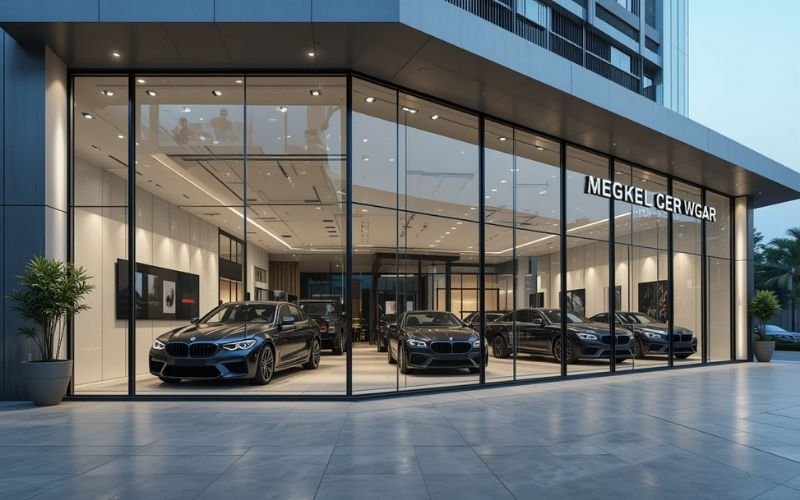 Modern car showroom exterior with full glass façade and luxury vehicles on display Car Showrooms Construction in Lahore