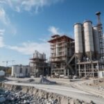 Cement manufacturing plant construction site in Pakistan with large silos, cranes, and industrial structures under a clear sky.