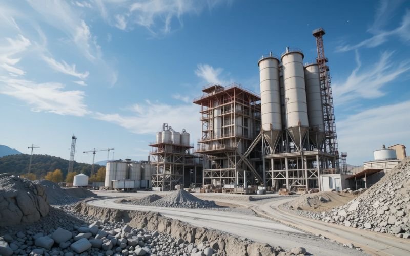 Cement manufacturing plant construction site in Pakistan with large silos, cranes, and industrial structures under a clear sky.